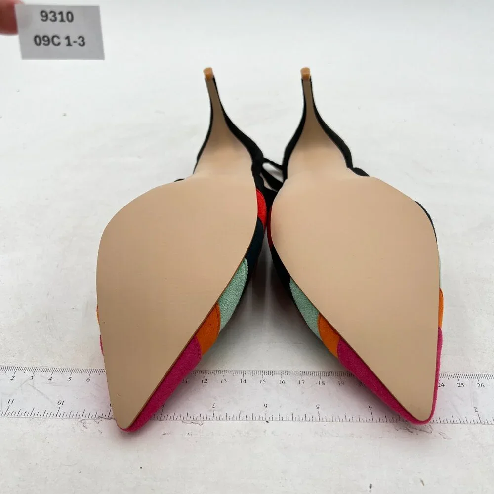 FOWT Dark Rainbow Pointed Toe Slingback Rainbow Color Stripes Elastic Band Pumps - Picture 7 of 8